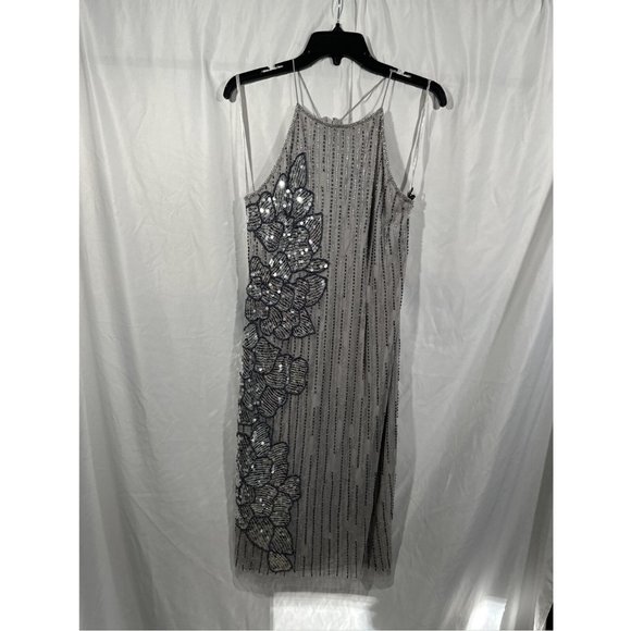 NEW Adrianna‎ Papell [ 4 US ] Floral Beaded Midi Dress in Bridal Silver - Picture 5 of 13